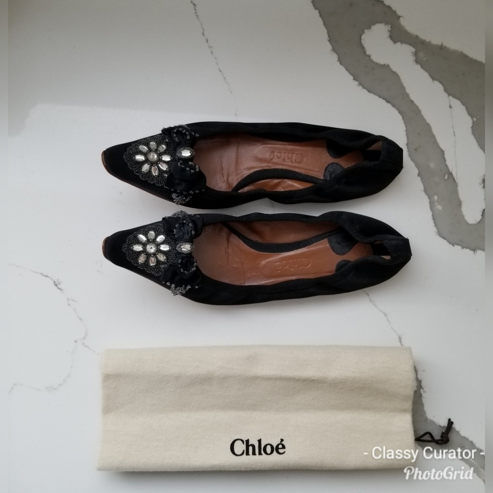 CHLOE black satin jewel point toe ballet flats - Picture 3 of 8